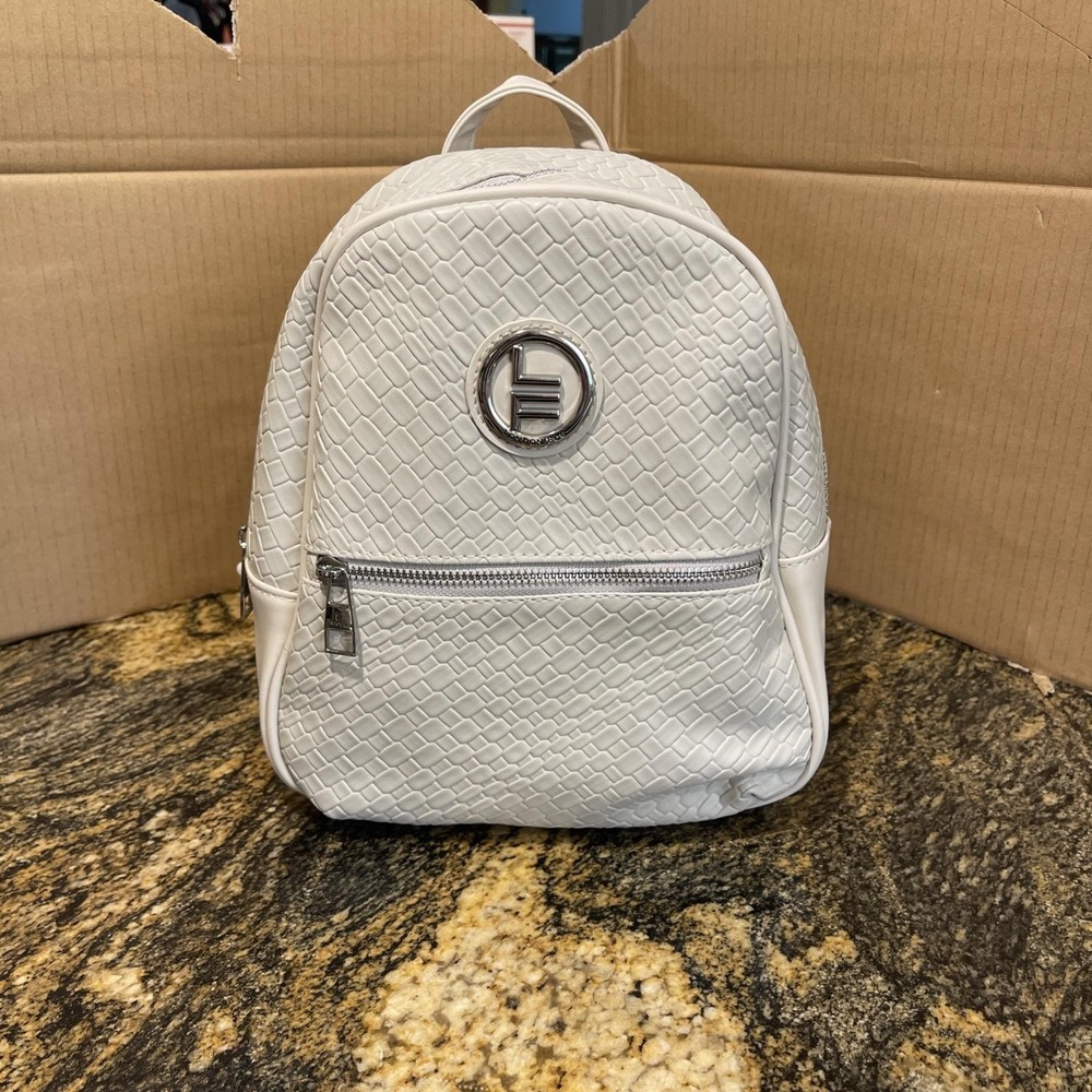 London Fog Backpack Womens Medium Stone Bowery Woven Faux Leather Logo NWT